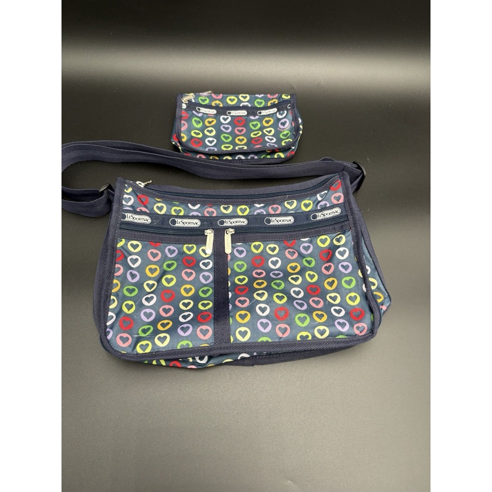 Lesportsac Set Of 2 Everday Bag Crossbody Expandable+cosmetic Case Blue Hearts